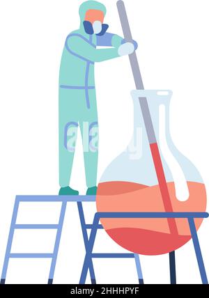 Wissenschaftler ersticken Flüssigkeit in riesigen Kolben. Laborexperiment Stock Vektor