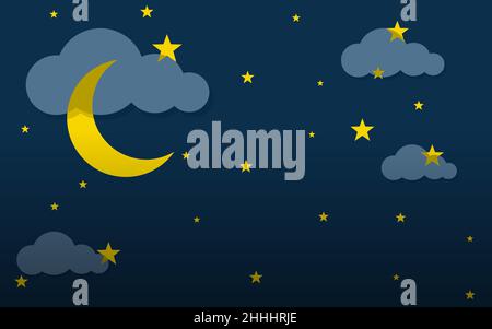 Nachthimmel. Vektorgrafik. Mond und Sterne um Mitternacht. Stock Vektor