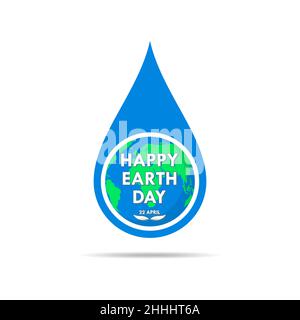 Wassertropfen mit einer Weltkarte für den 22. april, in flacher Ausführung. Vektorgrafik. Happy Earth Day, Ökologie Konzept. Stock Vektor