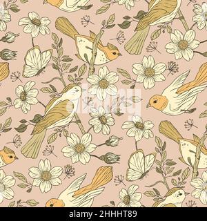 Vintage Vogel und Schmetterling Boho floralen nahtlose Muster Stock Vektor