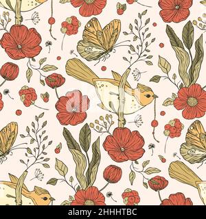 Vintage ästhetische Vogel Boho floralen nahtlose Muster mit Rosenblüte und Schmetterling Stock Vektor