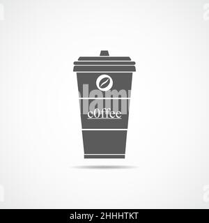 Kaffeetassen-Ikone in flachem Design. Vektorgrafik. Graues Symbol für Einweg-Kaffeetassen mit Kaffeebohnen-Schild. Stock Vektor