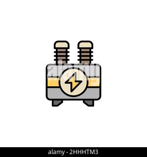 Elektrische Transformatorlinie, gefüllt, Farbe, Glyphen-Symbol, Umriss-Vektor-Zeichen, Lineares Piktogramm isoliert auf Weiß. Symbol für Hochspannungskraftwerk Stock Vektor
