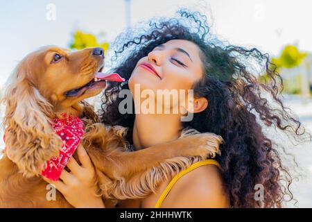 Schöne Mixrd-Rennfrau mit Make-up und lockiger Frisur, die an sonnigen Tagen auf der Straße mit ihrem amerikanischen Cockerhund Cite Gold glückliche Zeiten verbringt Stockfoto