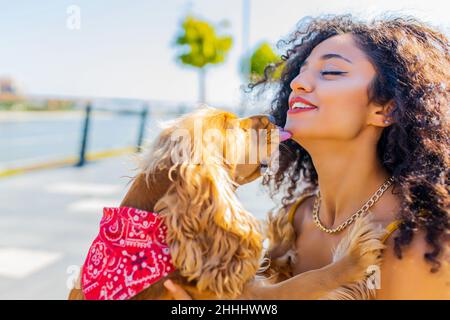 Fröhliche, dunkle, langhaarige Frau mit amerikanischem Cockerhund, die im Sommerpark spielt Stockfoto