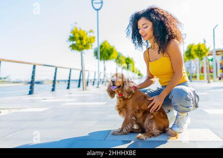 Schöne Mixrd-Rennfrau mit Make-up und lockiger Frisur, die an sonnigen Tagen auf der Straße mit ihrem amerikanischen Cockerhund Cite Gold glückliche Zeiten verbringt Stockfoto