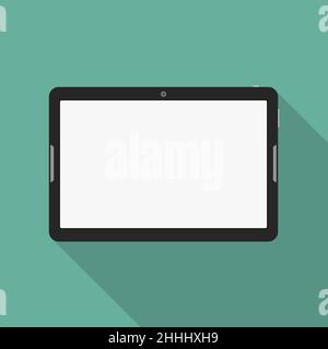 Moderner Touchscreen-Tablet-Computer mit langem Schatten. Tablet-Computer mit weißem Bildschirm. Vektorgrafik. Stock Vektor