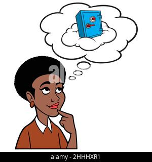 Schwarze Frau, die über Cloud-Computing-Sicherheit nachdenkt – Eine Karikatur einer schwarzen Frau, die für ihr Unternehmen über Cloud-Computing-Sicherheit nachdenkt Stock Vektor