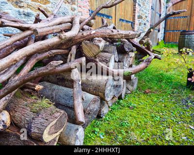 Holzstapel vor der Scheune gelagert Stockfoto
