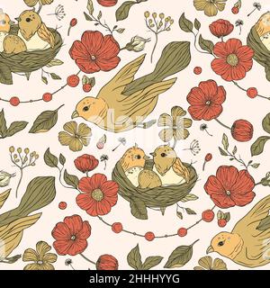 Vintage ästhetische Vogelnest Boho floralen nahtlose Muster mit Rosenblüte Stock Vektor