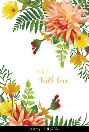 Vektor Blume quadratische Karte Design. Gelbe Ringelblume Garten rot Primrose Orange Dahlie Blumen Wald farngrün Blätter Pflanzen. Elegante Grußkarten Hochzeit Stock Vektor