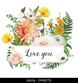 Blume Karte Design Vektor Poster Hintergrund, Band. Florale Wildblumen Bouquet von rosa Gartenrose Dahlia calendula Ringelblume Farn Grün Blatt niedlich E Stock Vektor