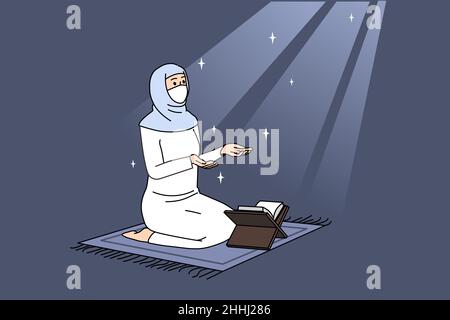 Arabisch islamische Religion und Spiritualität Konzept. Frau arabische Ethnie in traditioneller Kleidung und koran sitzt auf Moschee auf den Knien und beten Vektor-Illustration Stock Vektor