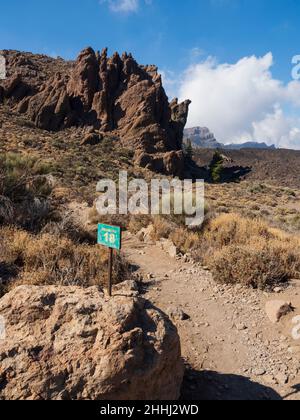 Auf dem Wanderweg Red de Senderos TF18, verlassen Juan Evora Museum, in Boca Tauce, Teneriffa Teide Nationalpark. Stockfoto