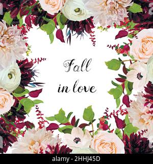 Vektor-floralen Design quadratische Kartendesign rosa Rose, Burgund Dahlia Blumen, Anemone rot Astilbe, grünen Garten Blätter. Hochzeit Karte Vektorgrafik Stock Vektor