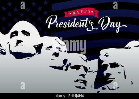 Happy President's Day Schriftzug mit Mount Rushmore. 4 US-Präsidenten Denkmal Hintergrunddesign für Banner, Poster, Grußkarte. Vektorgrafik Stock Vektor