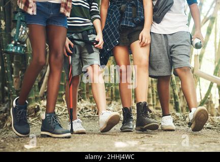 Auf den Wanderwegen gibt es viel zu lernen. Aufnahme einer Gruppe von nicht erkennbaren Teenagern, die im Sommercamp gemeinsam durch die Natur wandern. Stockfoto