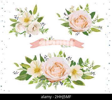 Blumen Blumenstrauß Vektor Design Objekt Element gesetzt. Pfirsich, rosa Rose, Kamelienmagnolie, silberne Salbeiblätter mit blauer Beerenmischung. Schöne Blumenkarte Ele Stock Vektor