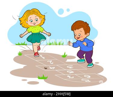 Mädchen und Jungen springen beim Spielen von hopscotch. Vektorgrafik im Cartoon-Stil Stock Vektor