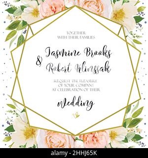 Hochzeitseinladung, Einladungskarte Design mit rosa Pfirsich Rosenblüte Magnolie Kamelie weiße Blumen Privetbeere, grünes Salbeiblatt Elegantes Bouquet geome Stock Vektor