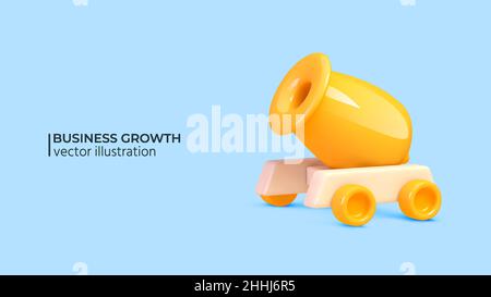 3D glänzende realistische Karikatur Canon in gelber Farbe auf hellblauem Hintergrund. Realistisches 3D Render of Business Growth-Konzept für Ihre mobilen Anwendungen oder Webbanner. Vektorgrafik Stock Vektor