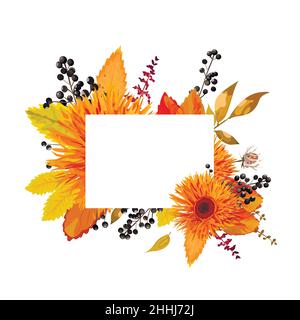 Vektor florales Design Karte von Herbst orange Gerbera Blume, schwarz privet Beerenzweig bunte Herbst Eiche Eberesche Esche Blätter. Hochzeit Vektor laden ca. Stock Vektor