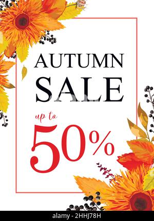 Herbst Saison Verkauf Vektor-Banner, Hintergrund mit orange Gerbera Blumen Wald bunt Herbst Blätter saisonal Kraut schwarz Beere Mix elegant Illustratio Stock Vektor