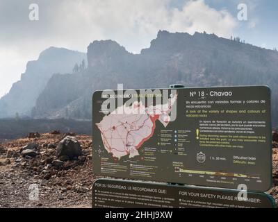 Red de Senderos Wanderwegschild in Teneriffa, Chavao Vulkanlandschaft, Route TF18, zwischen dem Mirador de las Narices del Teide und Boca Tauce. Stockfoto