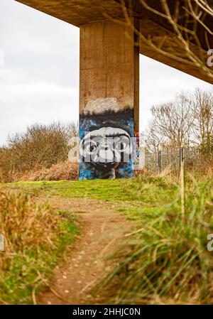 Street Art, ET von „Dogz“ auf der Unterführung der Brücke A30 in Hayle, Cornwall, Großbritannien Stockfoto