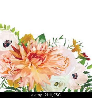 Vektor Blume quadratische Karte Design. Rosa Anemone Garten Rose Primrose Orange Dahlie Blumen Wald farngrün Blätter Pflanzen mischen. Elegante Gruß weddi Stock Vektor