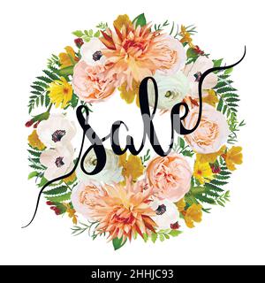 Summer Sale vektor Banner, Poster Hintergrund Kranz rund Girlande mit rosa Garten rose Dahlie Anemone calendula, Grün Kräuter. Elegante Abbildung Stock Vektor