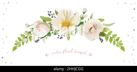Blume Blumenstrauß Vektor Design Objekt Element Hellrosa Rose weiß Kamelie Magnolia Silber Salbei Wald Farn Blätter privet blau Beere Delphinium Kräuter Stock Vektor