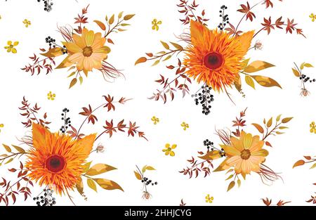 Vektor nahtlose Blumenmuster von orange gelben Gerbera Blume Gänseblümchen, Kosmos Blumen Aquarell fallen niedlich bunte Blätter, saisonale Pflanzen Beerenbrauss Stock Vektor