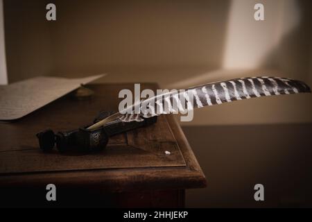 Federstift in Tintenflasche auf dem Tisch, Nahaufnahme. Bildung und Schreiben Konzept Stockfoto