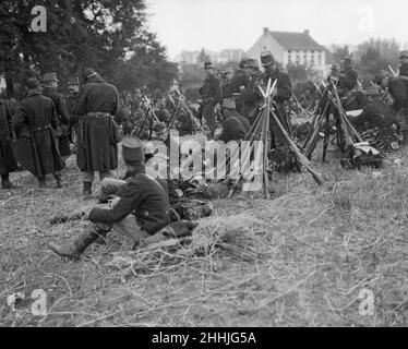 Belgische Soldaten auf einem Feld in der Nähe von Louvain gesehen 16th. August 1914 Stockfoto