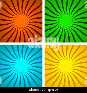 Set aus farbigen Pop-Art-Hintergründen mit Sonnenstrahlen und Punkten. Vektorgrafik. Sonnenstrahlen, Halbtonhintergrund Stock Vektor