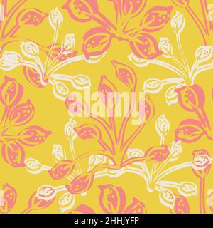 Moderne abstrakte wilde Wiese Blume nahtlose Vektor-Muster Hintergrund. Hintergrund mit Kunstlino-Druck, überlappenden Blumen und überblendeten Texturumrissen Stock Vektor