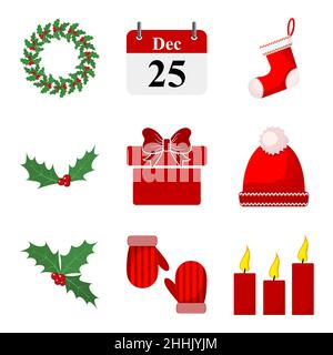 Set mit Weihnachtssymbolen. Vektorgrafik. Traditionelle Weihnachtsdekoration in flachem Design. Stock Vektor