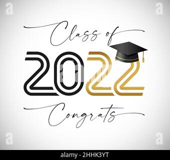 Absolventen 2022 Klasse off kreative Gratzen Konzept. Schwarze und goldene Linien, weiß bg. Einladung zur Schule mit fröhlichen Ferien. Isolierte abstrakte Grafik de Stock Vektor