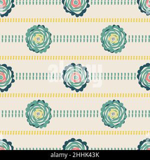 Abstrakte Pfingstrose Blume nahtlose Vektor-Muster Hintergrund. Blau-weißer Hintergrund mit Gruppen von Blumen und gebrochenen Stitch horizontale Streifen .Papierschnitt Stock Vektor