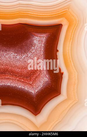 Makro von abstraktem Hintergrund aus Achat Edelstein mit weißen und roten Flecken und Linien Stockfoto