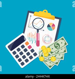 Finanzberichte, Rechner, Geld.Vektor-Illustration für Web, mobile App in flachem Design. EPS 10 Stock Vektor