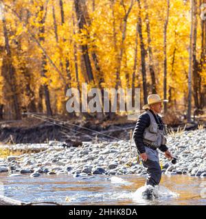 USA, Idaho, Bellevue, Senior Fisherman waten im Big Wood River im Herbst Stockfoto