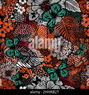 Nahtloser Hintergrund aus bunten Blumen und Schmetterlingen. Vektorgrafik Stock Vektor