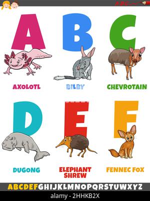 Cartoon-Illustration der pädagogischen bunten Alphabet aus Buchstabe A gesetzt Zu F mit lustigen Tierfiguren Stock Vektor