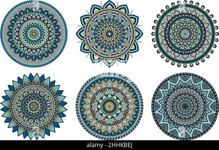 Satz von 6 Mandalas in der gleichen Palette gemalt, Vektor-Illustration Stock Vektor