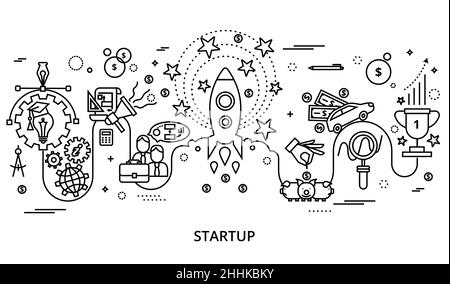 Moderne editierbare Vektordarstellung, Konzept des Startup-Projekts, Geschäftsstrategie und Innovationsentwicklung, für Grafik- und Webdesign Stock Vektor