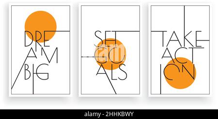 Träumen Sie groß, setzen Sie Ziele, handeln Sie, Vektor. Wording-Design, Schriftzug. Dreiteilig skandinavisches, minimalistisches Posterdesign. Motivierend, inspirierend Stock Vektor