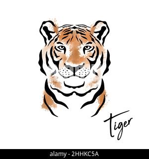 Konzept Des Chinesischen Neujahrs 2022. Vektor Handgezeichnetes Tiger Gesicht. Noble Tiger Head isoliert in Flat oder Cartoon Style für Print, Logo Design. Frohes Neues Jahr Stock Vektor