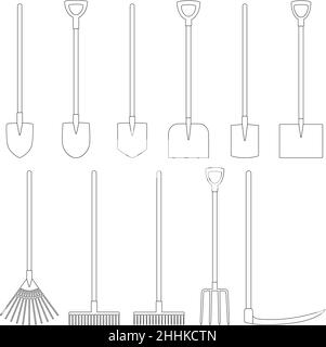 Konturensatz von Gartenwerkzeugen (Schaufel, Rechen, Gabel, Sense), Vektorgrafik Stock Vektor